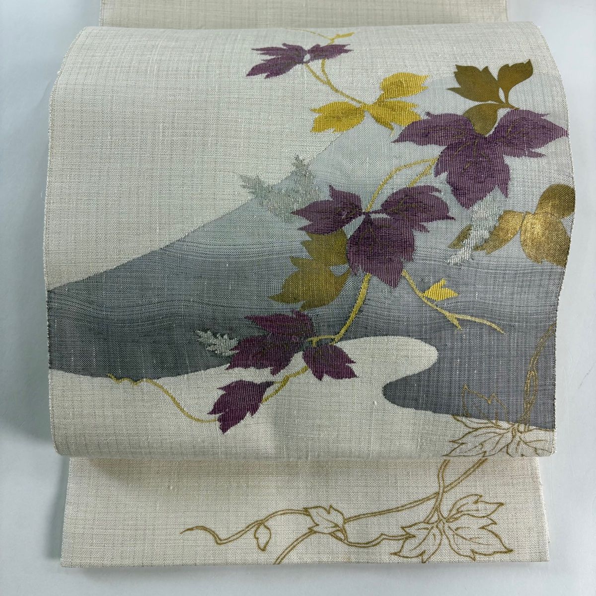 袋帯 名品 落款 帝王紫 葉柄 霞 銀糸 金彩 クリーム お太鼓柄 正絹