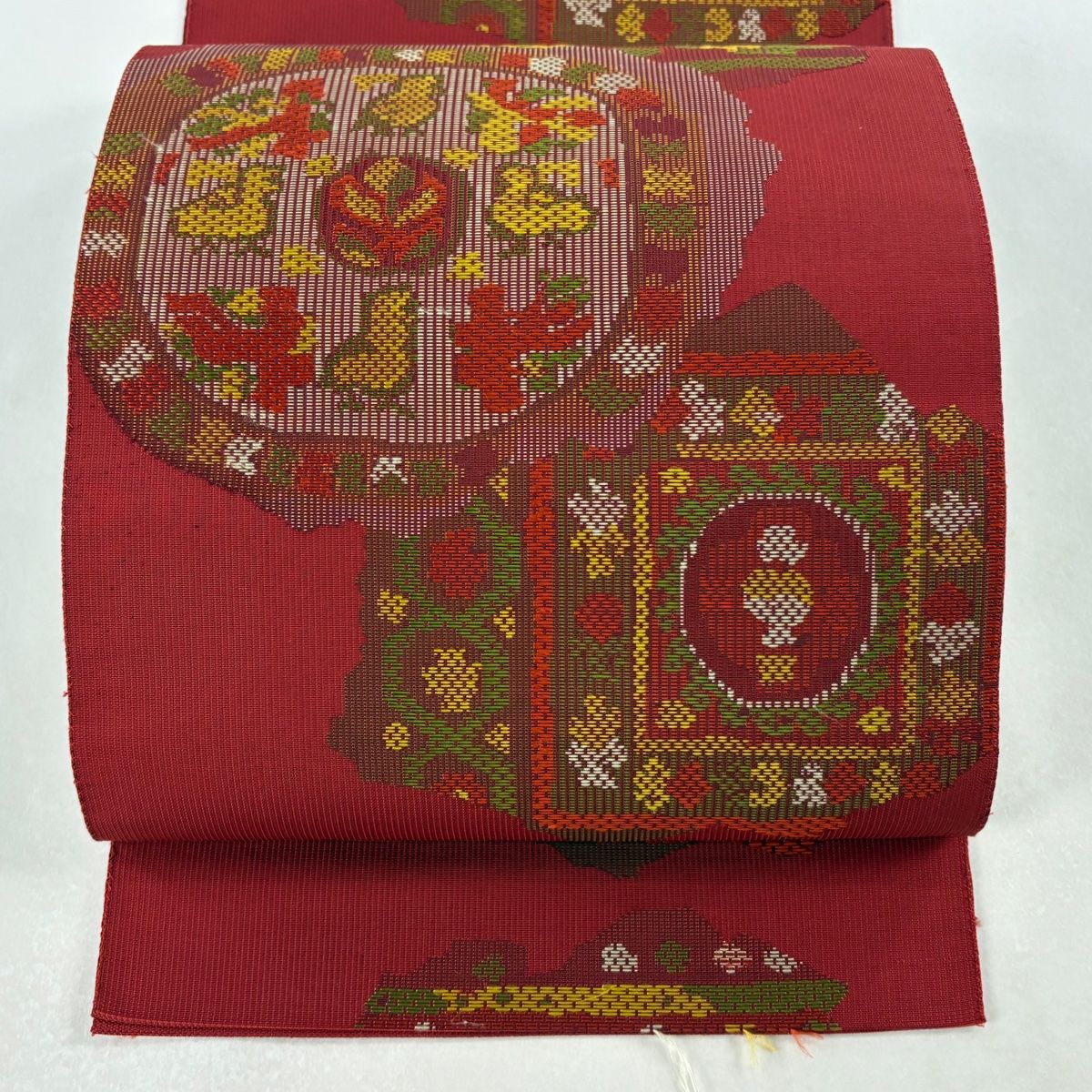 名古屋帯 優品 八寸名古屋帯 草花 鳥 赤 正絹 【中古】 - メルカリ