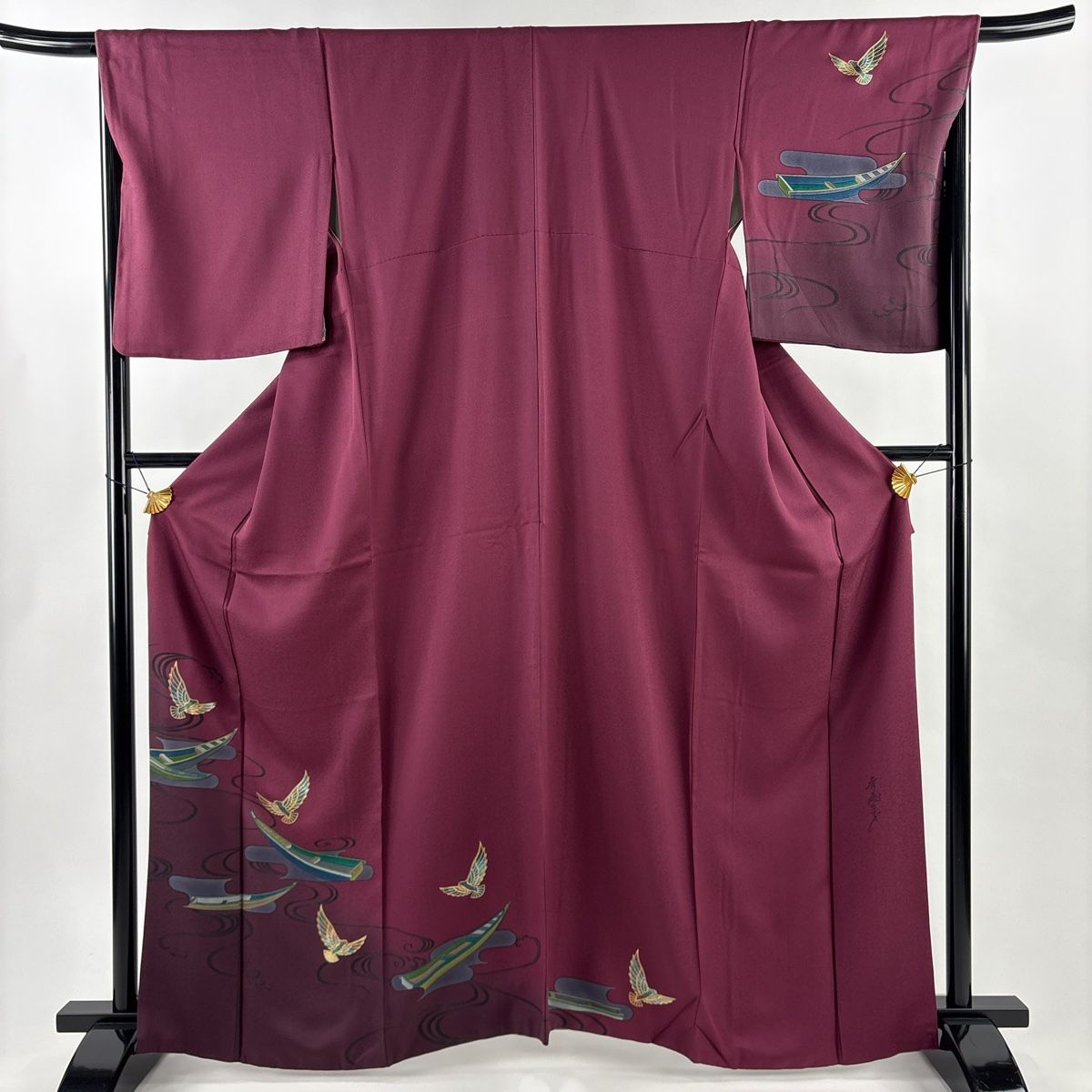 付下げ 身丈163cm 裄丈66.5cm M 袷 斉藤三才 落款 鳥 舟 金彩 赤紫