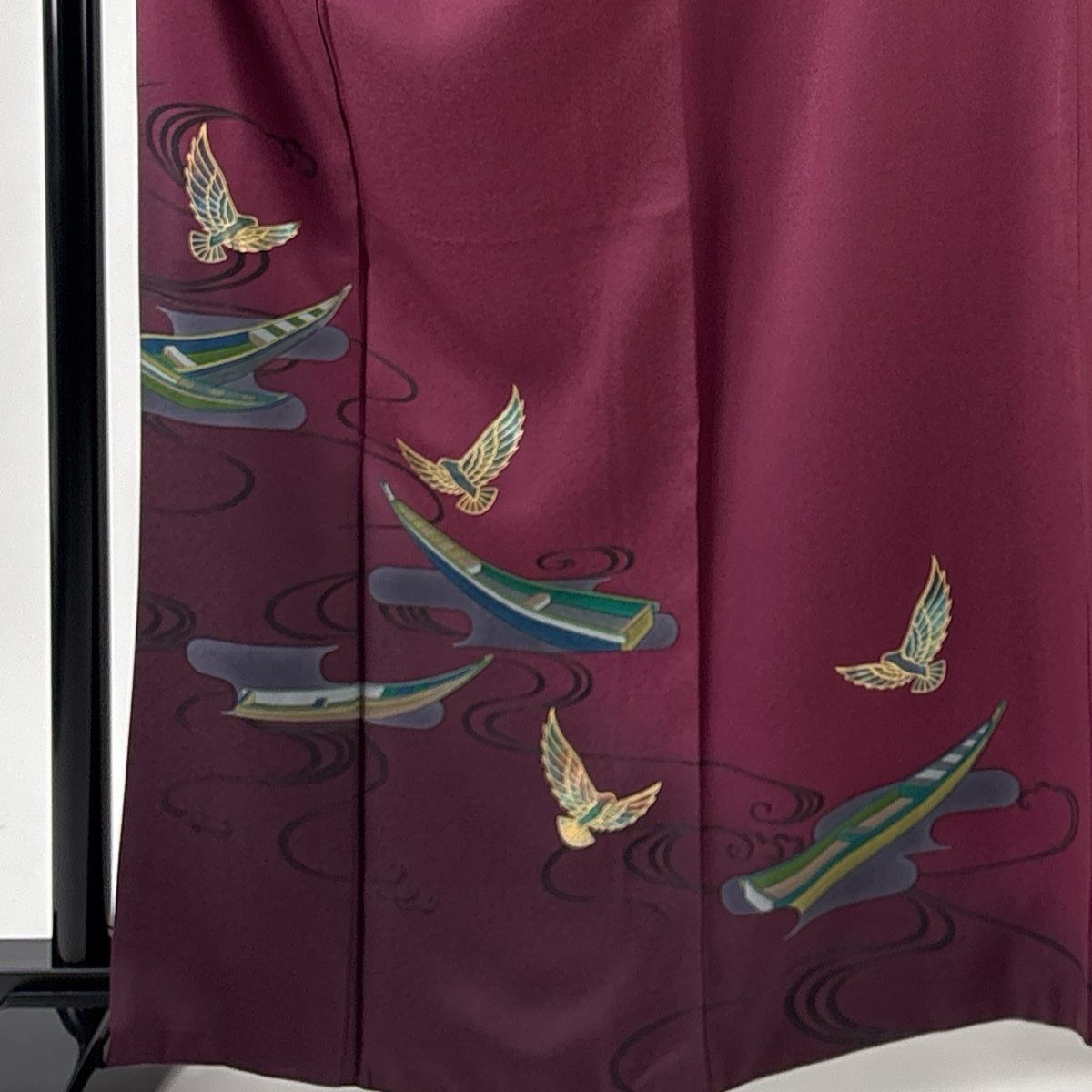 付下げ 身丈163cm 裄丈66.5cm M 袷 斉藤三才 落款 鳥 舟 金彩 赤紫