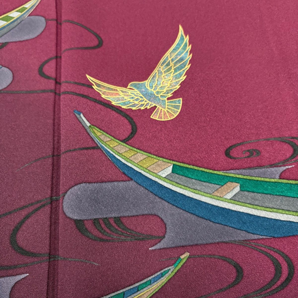付下げ 身丈163cm 裄丈66.5cm M 袷 斉藤三才 落款 鳥 舟 金彩 赤紫
