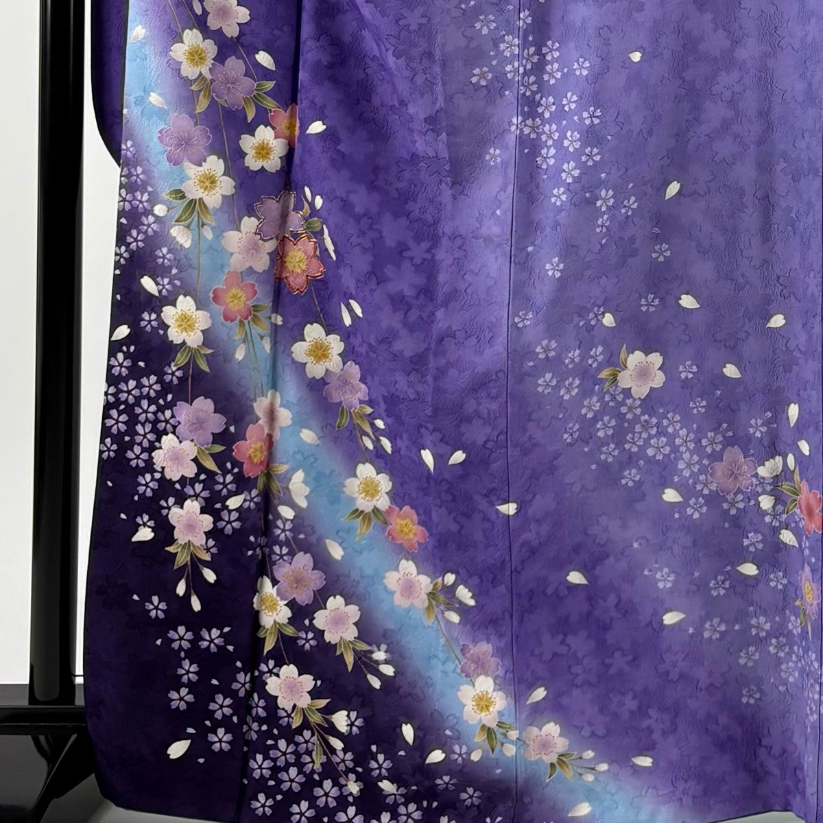 振袖 身丈166.5cm 裄丈65cm M 袷 桜 地紋 金糸 金彩 紫 正絹 名品