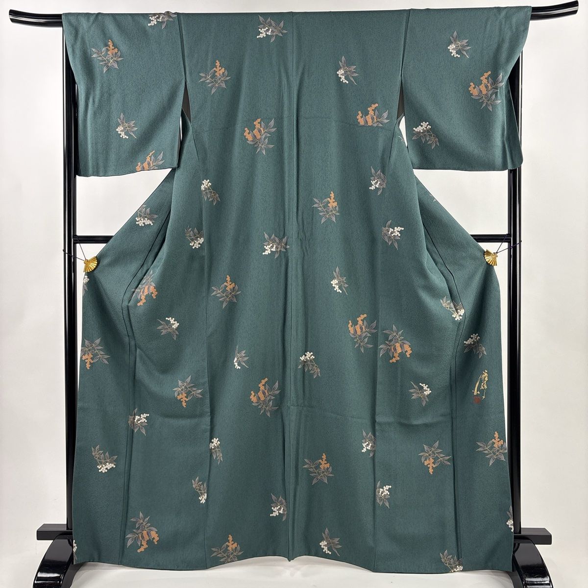 小紋 身丈166cm 裄丈67.5cm L 袷 コシノアヤコ 落款 葉と実 金彩 深緑