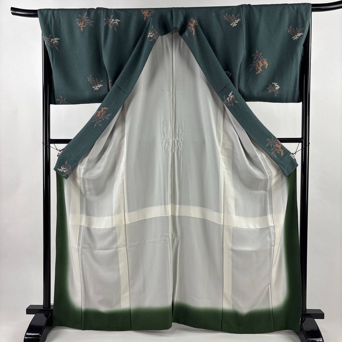 小紋 身丈166cm 裄丈67.5cm L 袷 コシノアヤコ 落款 葉と実 金彩 深緑