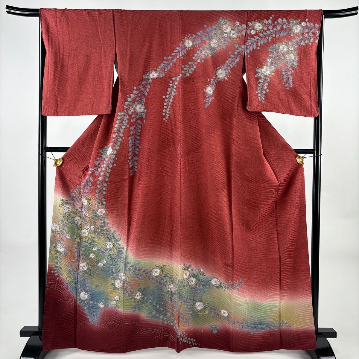 美品】 訪問着 身丈165cm 裄丈66cm M 袷 辻が花柄 波 金彩 絞り 茜色