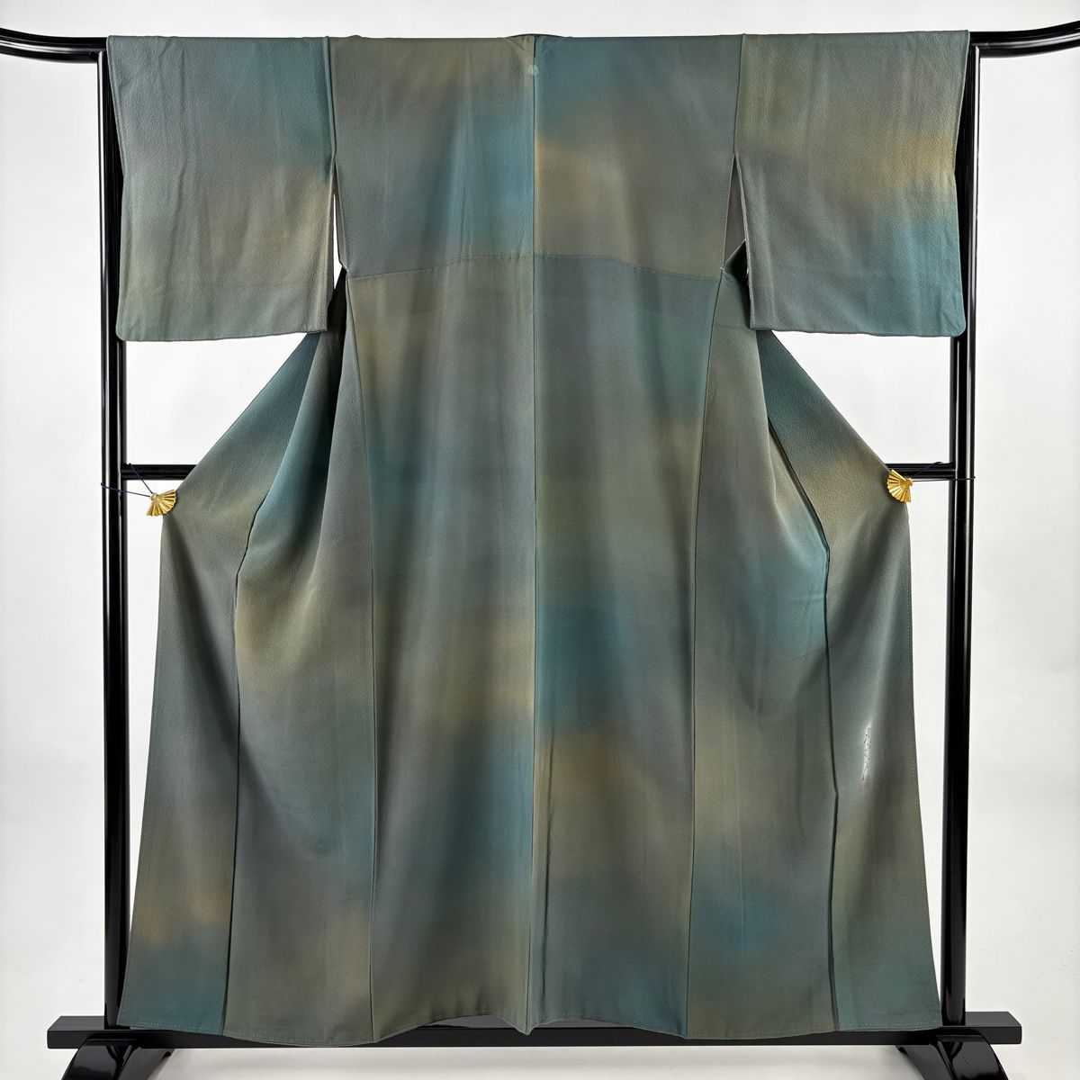 美品】 小紋 身丈158cm 裄丈65.5cm M 袷 斉藤三才 落款 ぼかし 灰緑