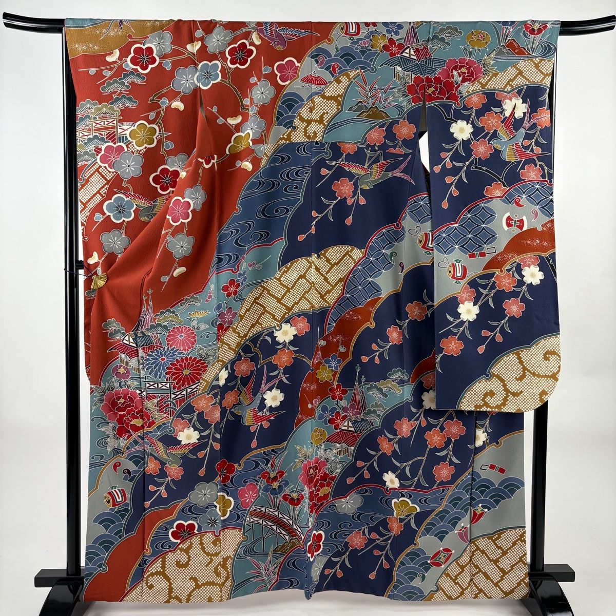 振袖 身丈165cm 売れ筋 裄丈67cm M 袷 花鳥 青海波 茜色 正絹 名品 【】