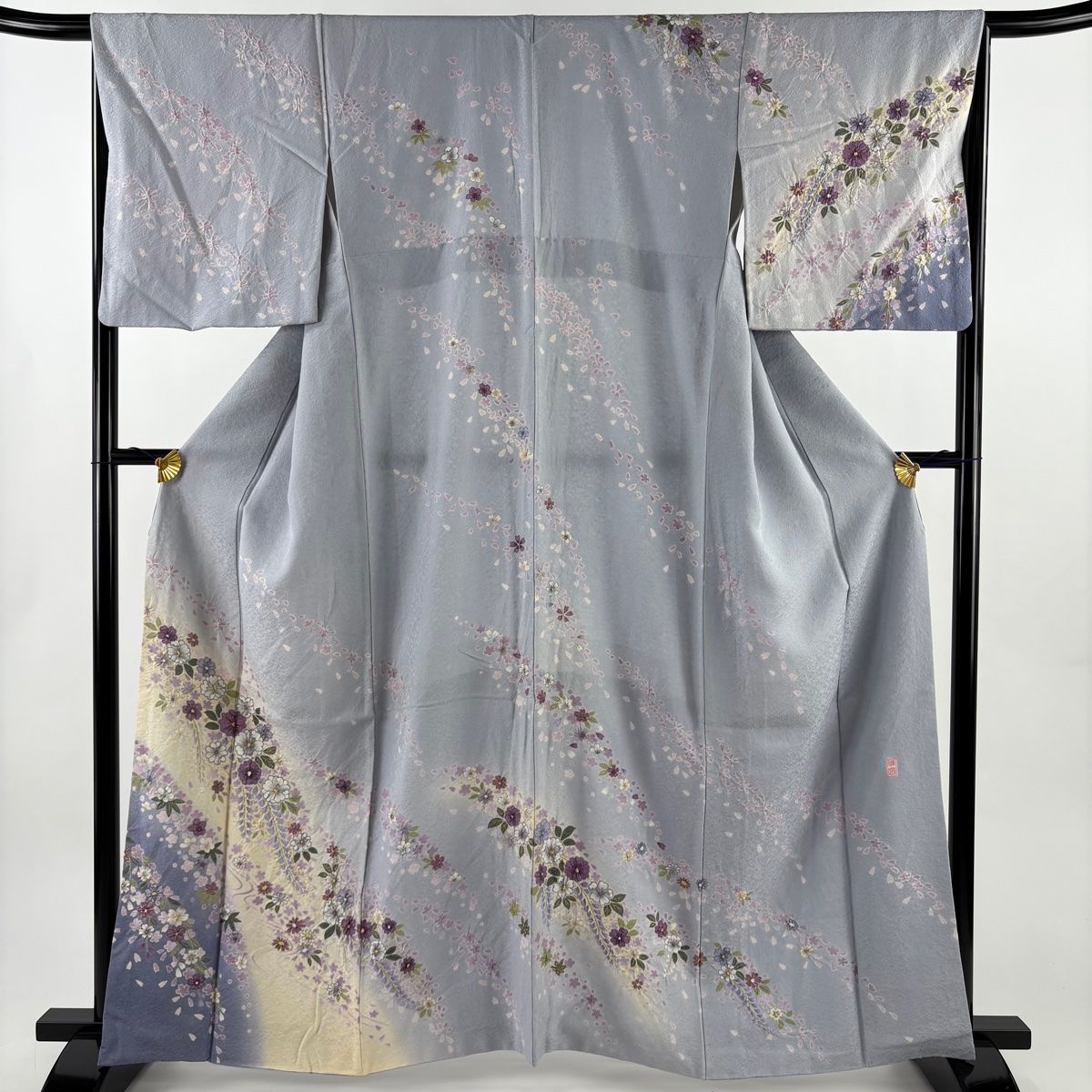 訪問着 身丈161.5cm 裄丈67cm M 袷 落款 草花 桜の花びら 金彩 ぼかし