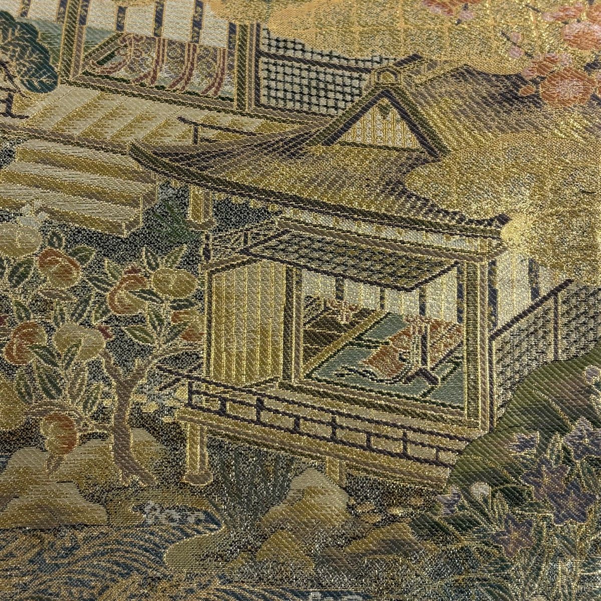 美品】 袋帯 秀品 和漢朗詠集 長生殿蒔絵図 箔 薄青緑 お太鼓柄 正絹