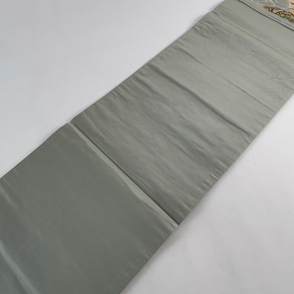 美品】 袋帯 秀品 扇面 松竹梅 金糸 箔 灰緑 六通 正絹 【中古