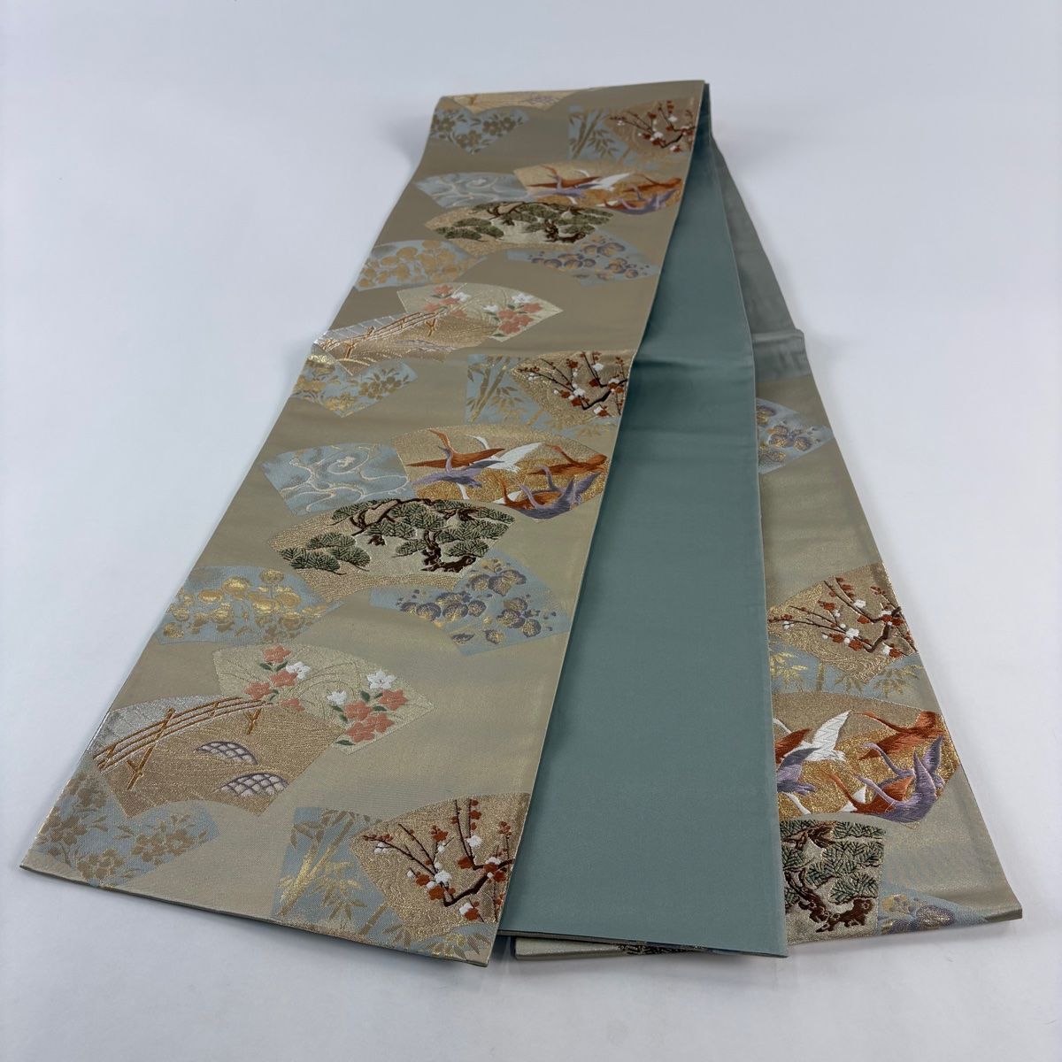 美品】 袋帯 秀品 扇面 松竹梅 金糸 箔 灰緑 六通 正絹 【中古