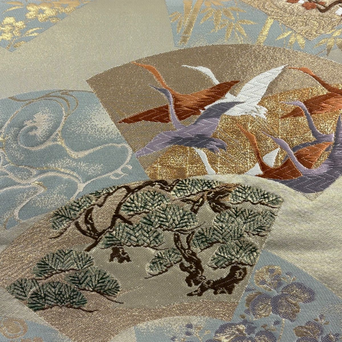 美品】 袋帯 秀品 扇面 松竹梅 金糸 箔 灰緑 六通 正絹 【中古
