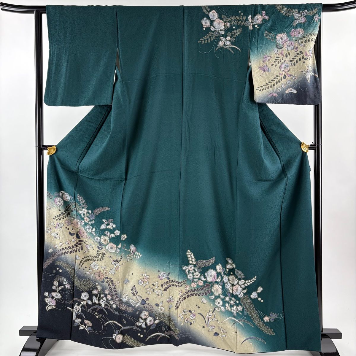訪問着 身丈164cm 裄丈64cm M 袷 桜 流水 金銀彩 染め分け 深緑 正絹