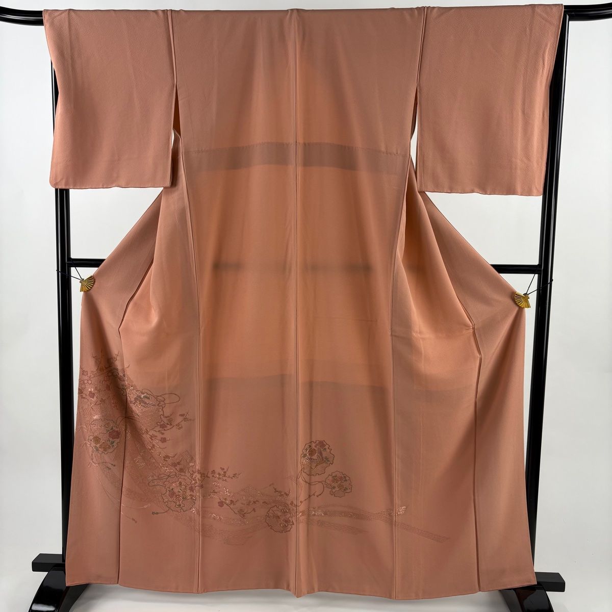 訪問着 身丈162.5cm 裄丈67.5cm L 袷 雪輪 花鳥 刺繍 ピンクベージュ