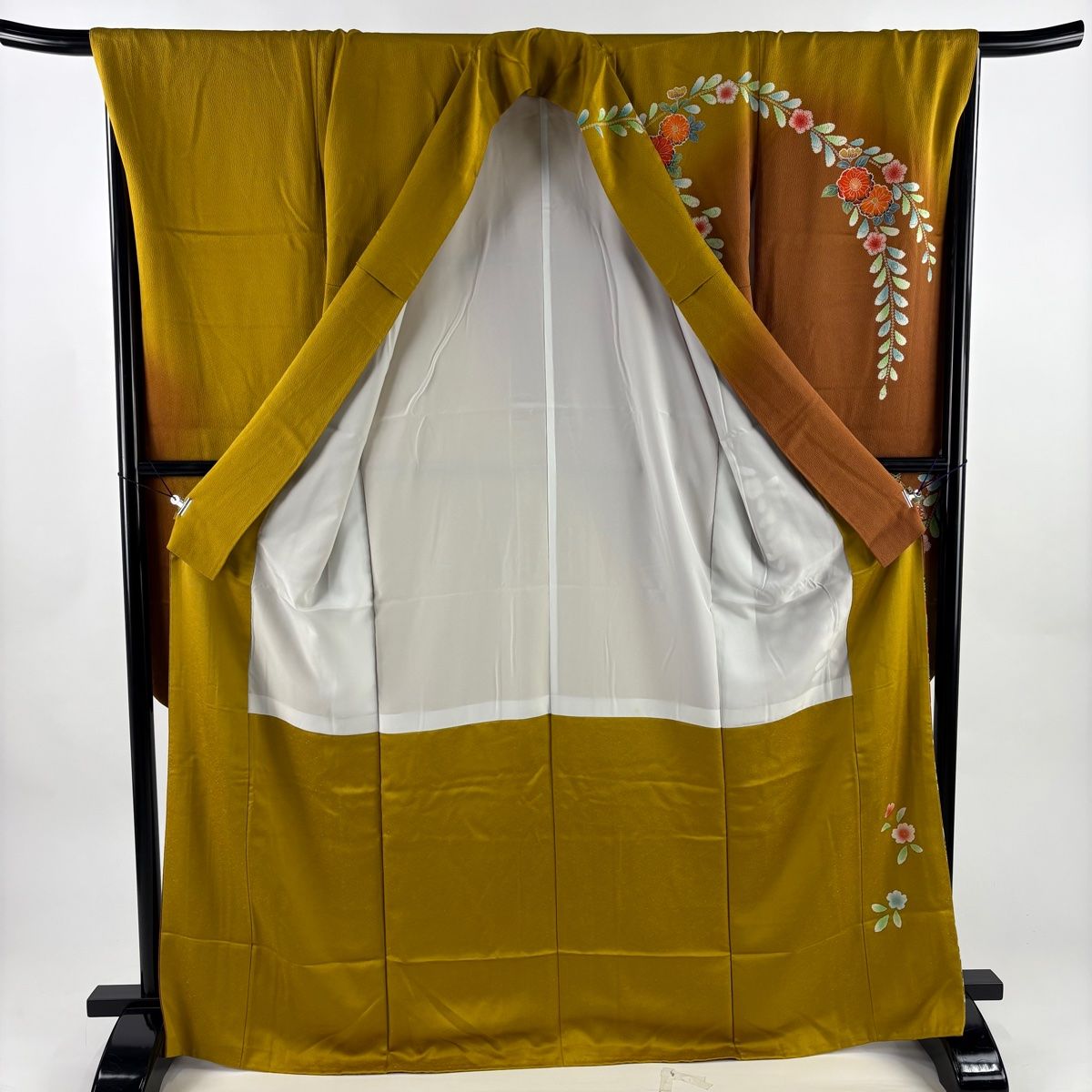 振袖 身丈168.5cm 裄丈68cm L 袷 桜 草花 金彩 染分け 茶色 正絹 秀品