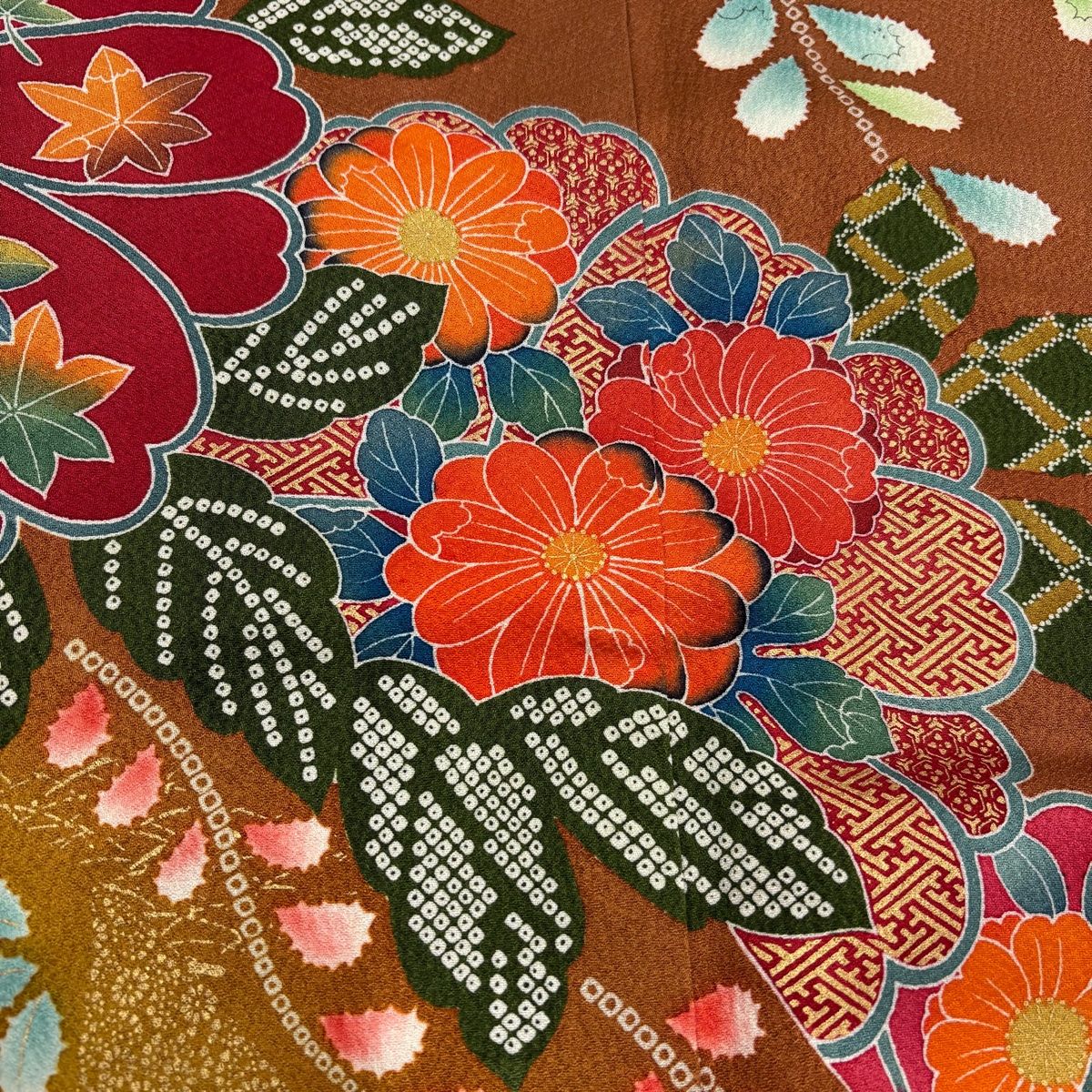 振袖 身丈168.5cm 裄丈68cm L 袷 桜 草花 金彩 染分け 茶色 正絹 秀品