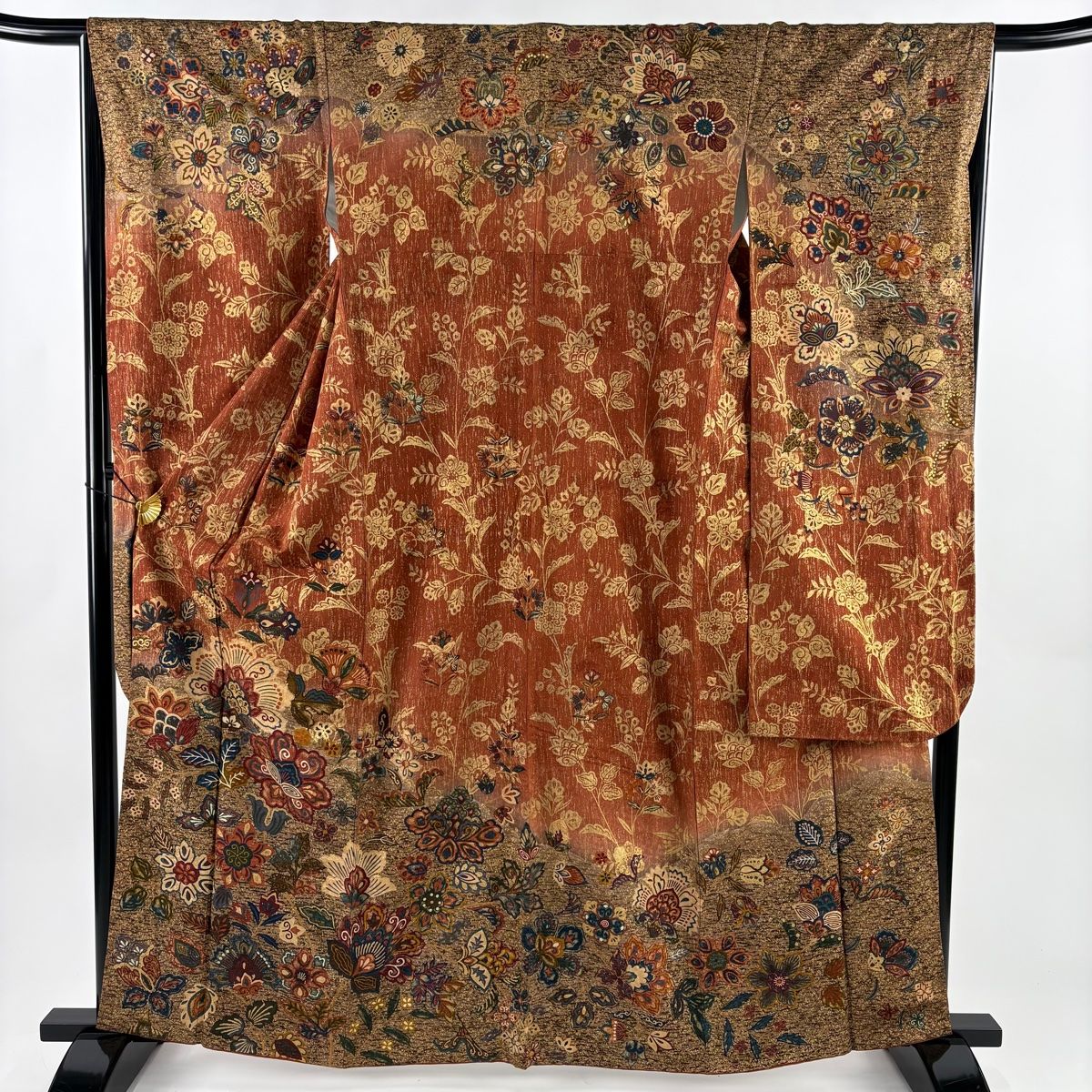 振袖 身丈162cm 裄丈65.5cm M 袷 草花 金彩 赤茶 正絹 秀品 【】