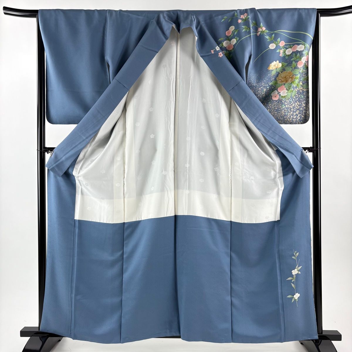 訪問着 身丈161cm 裄丈66cm M 袷 草花 鳥 金彩 ぼかし 青灰色 正絹 秀