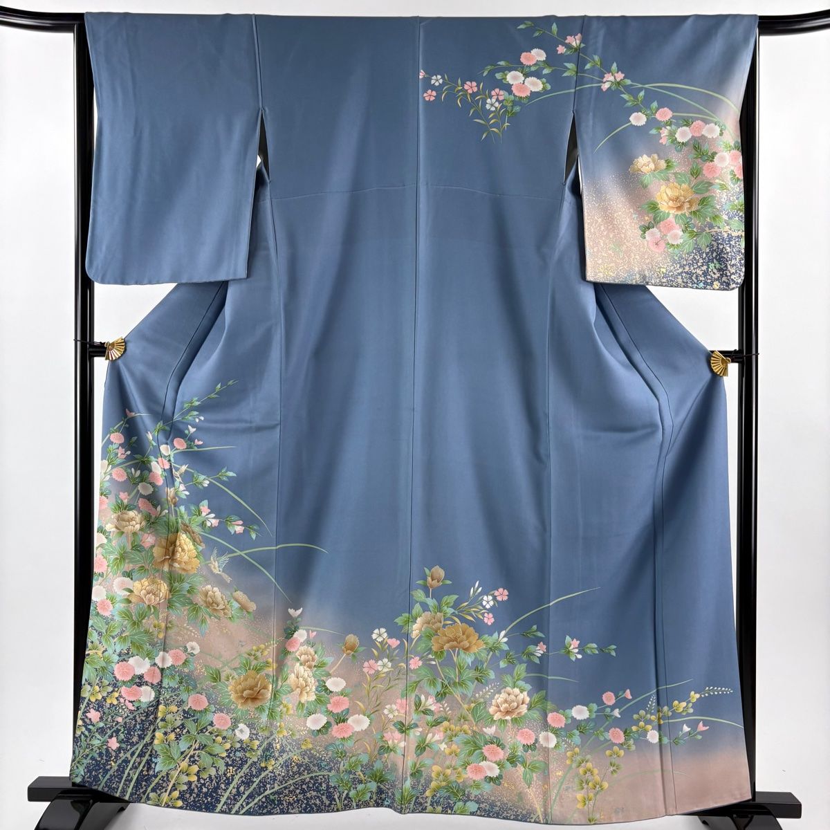 訪問着 身丈161cm 裄丈66cm M 袷 草花 鳥 金彩 ぼかし 青灰色 正絹 秀