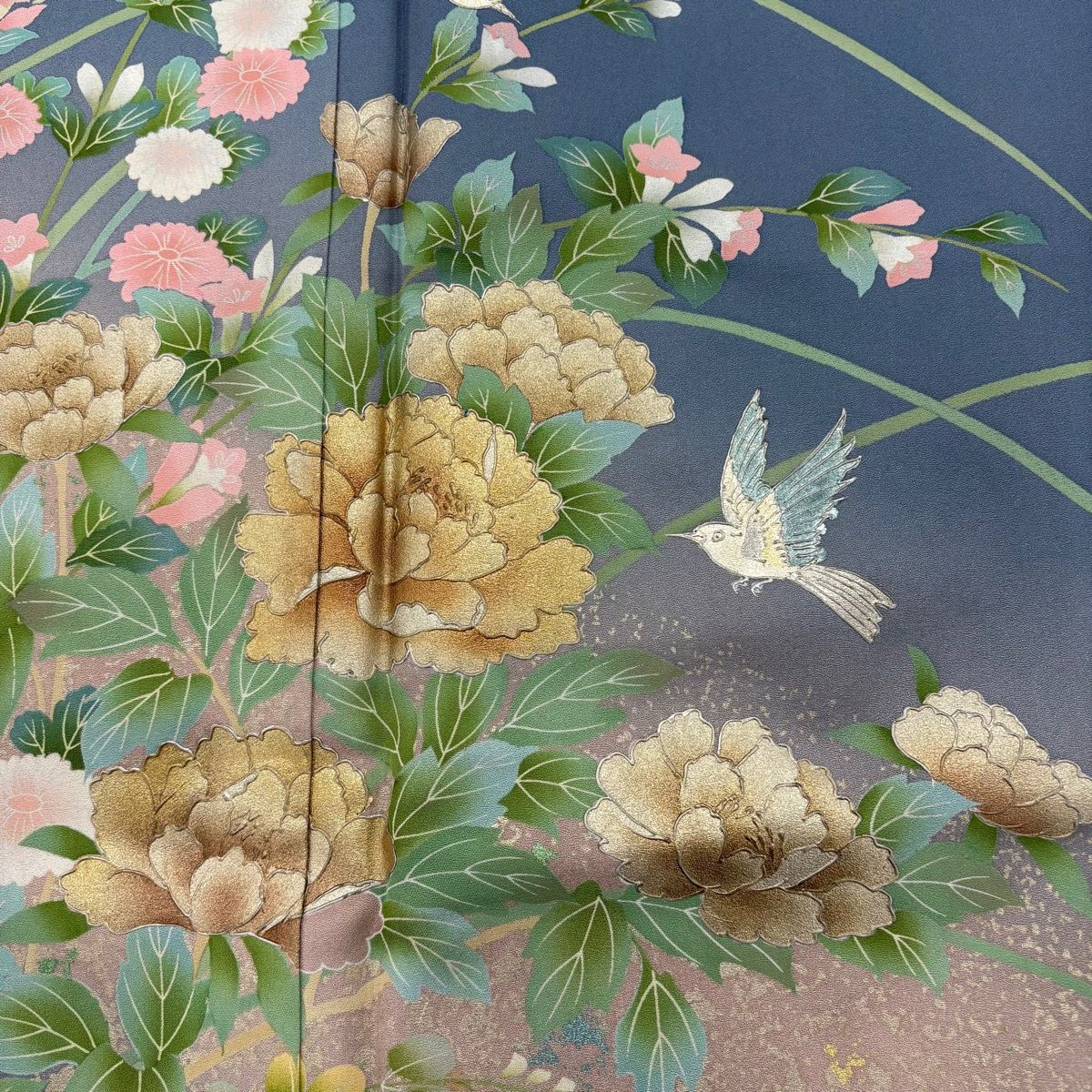 訪問着 身丈161cm 裄丈66cm M 袷 草花 鳥 金彩 ぼかし 青灰色 正絹 秀