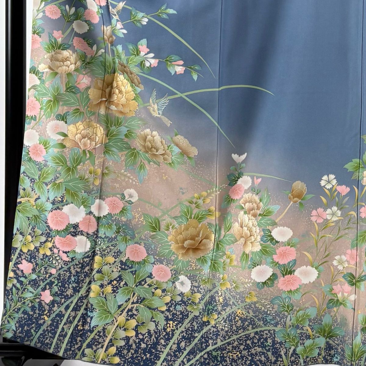 訪問着 身丈161cm 裄丈66cm M 袷 草花 鳥 金彩 ぼかし 青灰色 正絹 秀