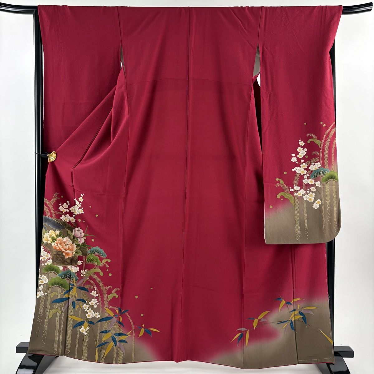 振袖 身丈163cm 裄丈68cm L 袷 牡丹 松竹梅 金彩 ぼかし えんじ色 正絹