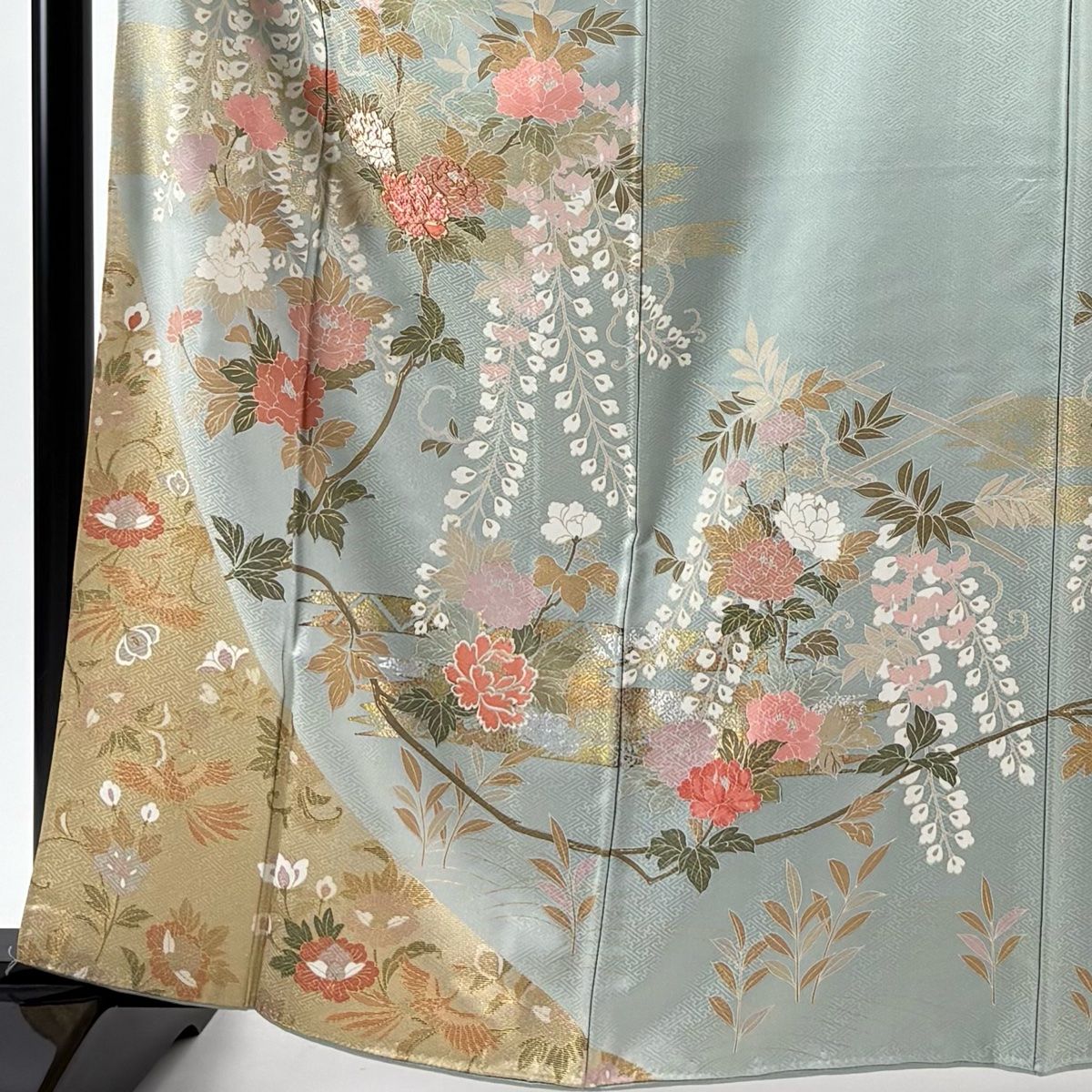 訪問着 身丈165cm 裄丈66cm M 袷 牡丹 藤 金糸 刺繍 薄緑 正絹 秀品