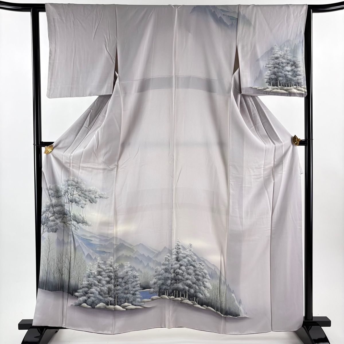 訪問着 身丈162cm 裄丈63.5cm S 袷 樹木 山並み ぼかし 薄紫 正絹 秀品 【】