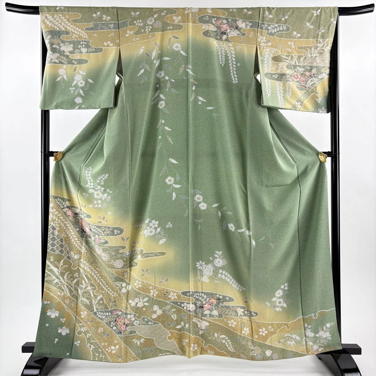 訪問着 身丈163cm 裄丈68cm L 袷 菊 霞 金彩 ぼかし 薄緑 正絹 秀品