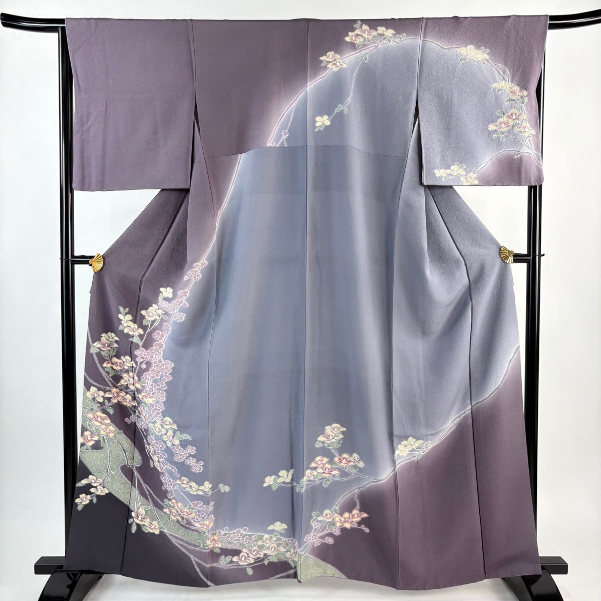 美品】 訪問着 身丈162cm 裄丈66cm M 袷 枝花 霞 金彩 ぼかし 灰紫