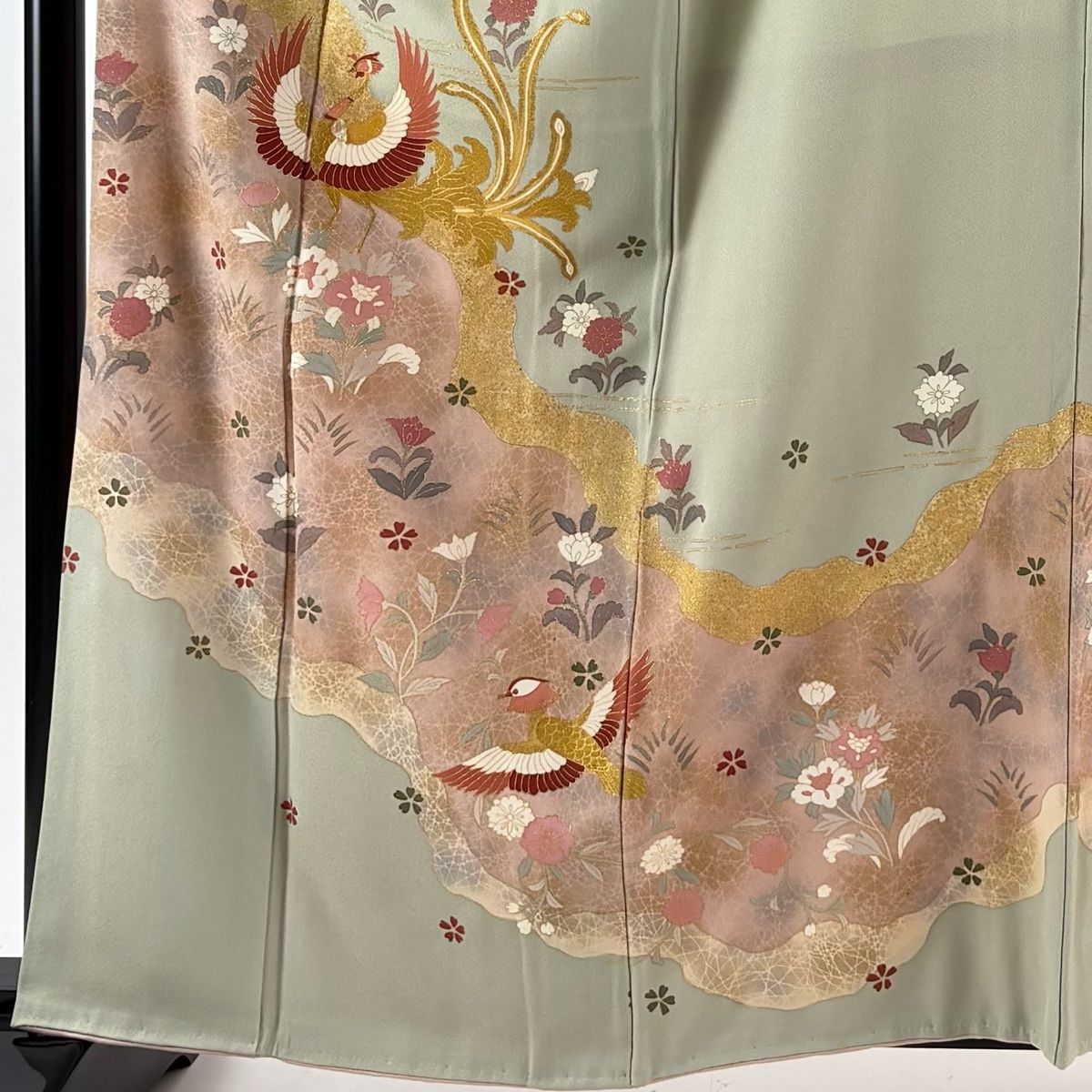 訪問着 身丈162.5cm 裄丈66cm M 袷 落款 鳳凰 草花 螺鈿 金彩 薄緑 