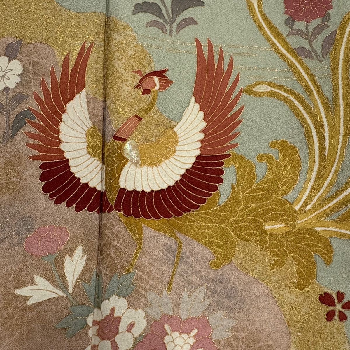 訪問着 身丈162.5cm 裄丈66cm M 袷 落款 鳳凰 草花 螺鈿 金彩 薄緑 