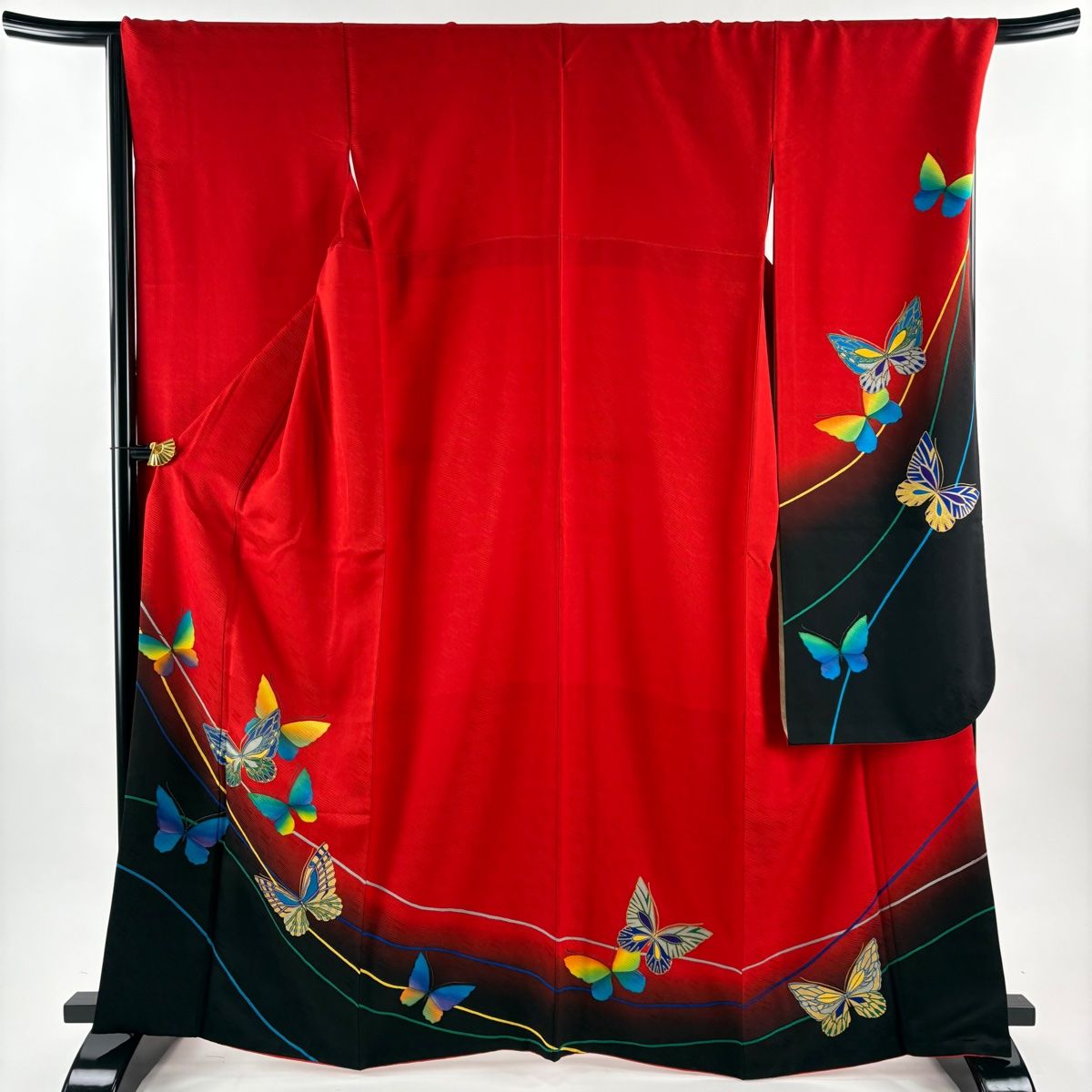 振袖 身丈164cm 裄丈69cm L 袷 斉藤三才 落款 蝶 金彩 ぼかし 赤 正絹