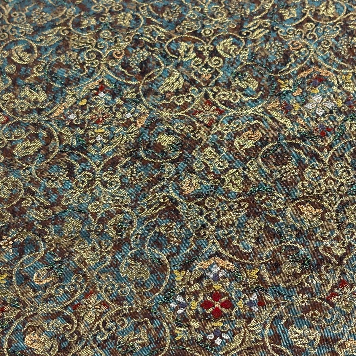 美品】 袋帯 秀品 正倉院華文 葡萄唐草 箔 青緑 六通 正絹 【中古