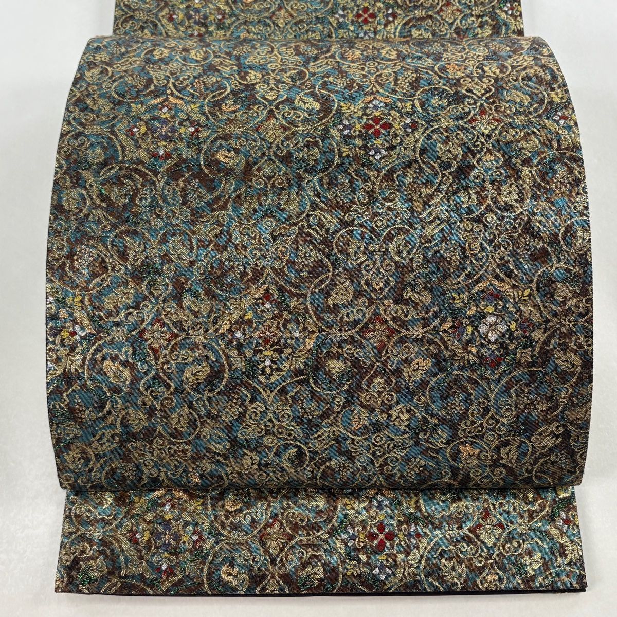 美品】 袋帯 秀品 正倉院華文 葡萄唐草 箔 青緑 六通 正絹 【中古