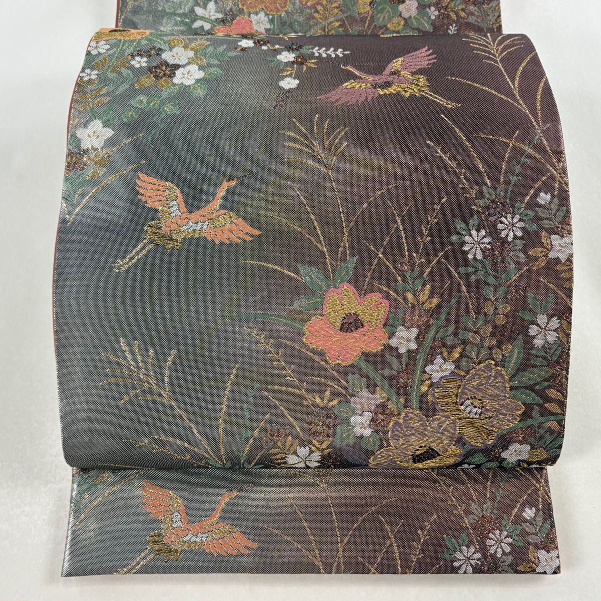 美品】 袋帯 秀品 草花 鶴 金糸 箔 銀色 六通 正絹 【中古】 - メルカリ