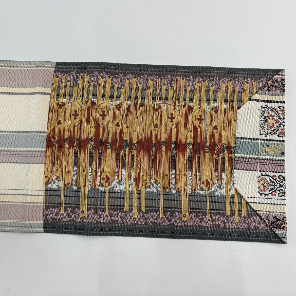 名古屋帯 秀品 八寸名古屋帯 花唐草 縞 薄紫 正絹 【中古】 - メルカリ