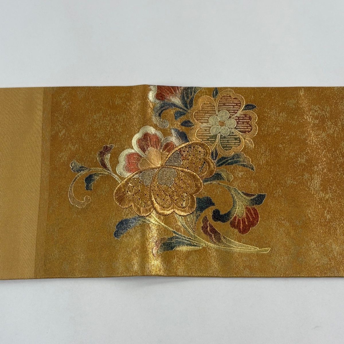 美品】 名古屋帯 秀品 草花 花唐草 金糸 箔 山吹色 正絹 【中古