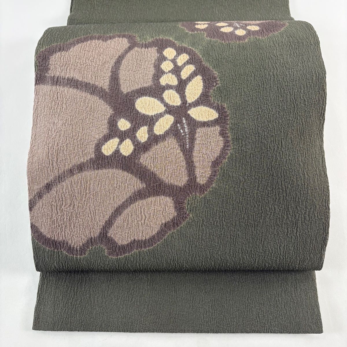 売約済み【秋のおしゃれ用に】★★新品未使用　正絹雪輪名古屋帯★★ 開き名古屋帯 秀品 雪輪 草花 絞り 灰緑 正絹 【中古】 - メルカリ