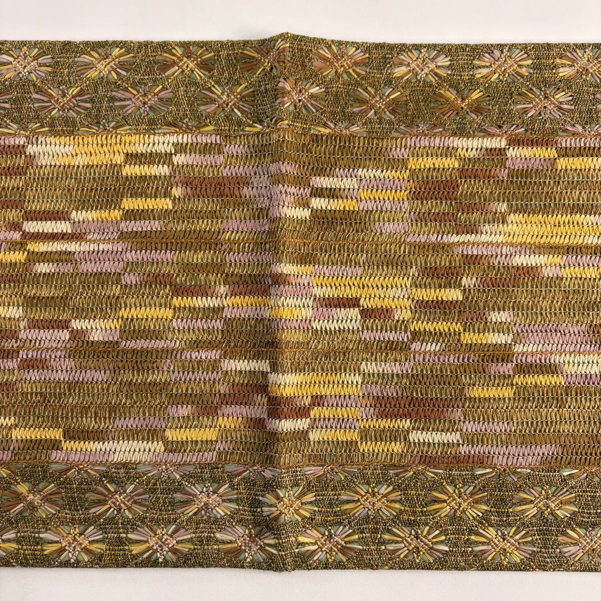 美品】 袋帯 秀品 やまと 幾何学 金糸 茶緑色 全通 正絹 【中古