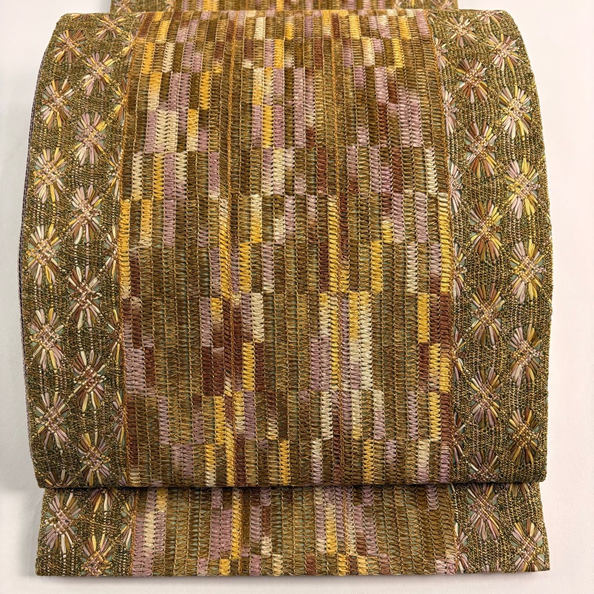 美品】 袋帯 秀品 やまと 幾何学 金糸 茶緑色 全通 正絹 【中古