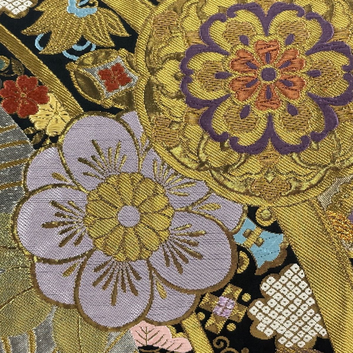 袋帯　葡萄　花模様　鳥　金糸　菱　着物　005k 袋帯 秀品 振袖向き 華文 花鳥 金銀糸 箔 黒 全通 正絹 【中古