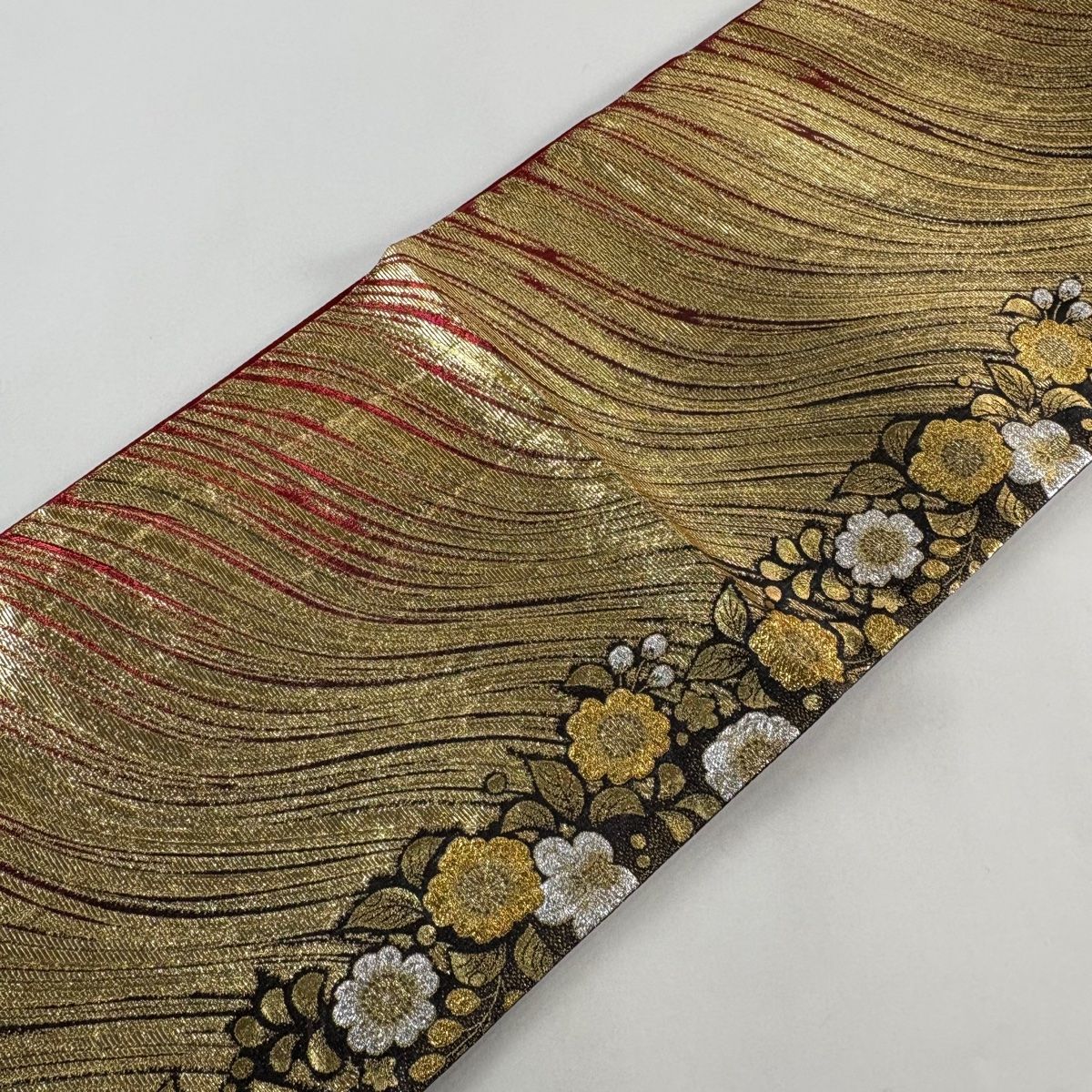 袋帯 秀品 振袖向き 辻が花柄 流水 金糸 箔 金色 全通 正絹 【中古