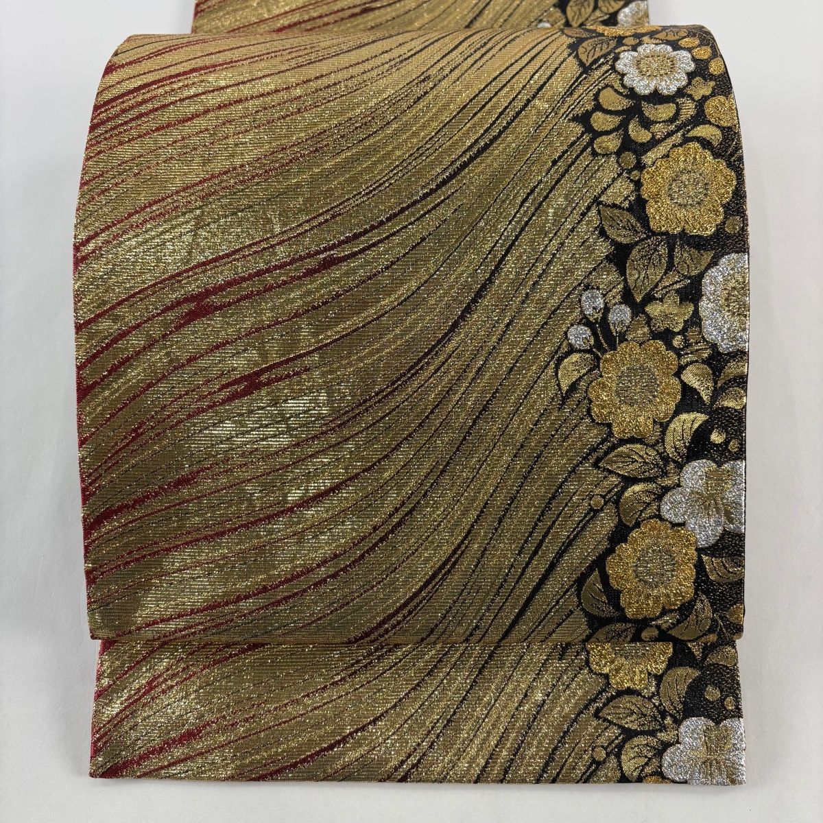 袋帯 秀品 振袖向き 辻が花柄 流水 金糸 箔 金色 全通 正絹 【中古
