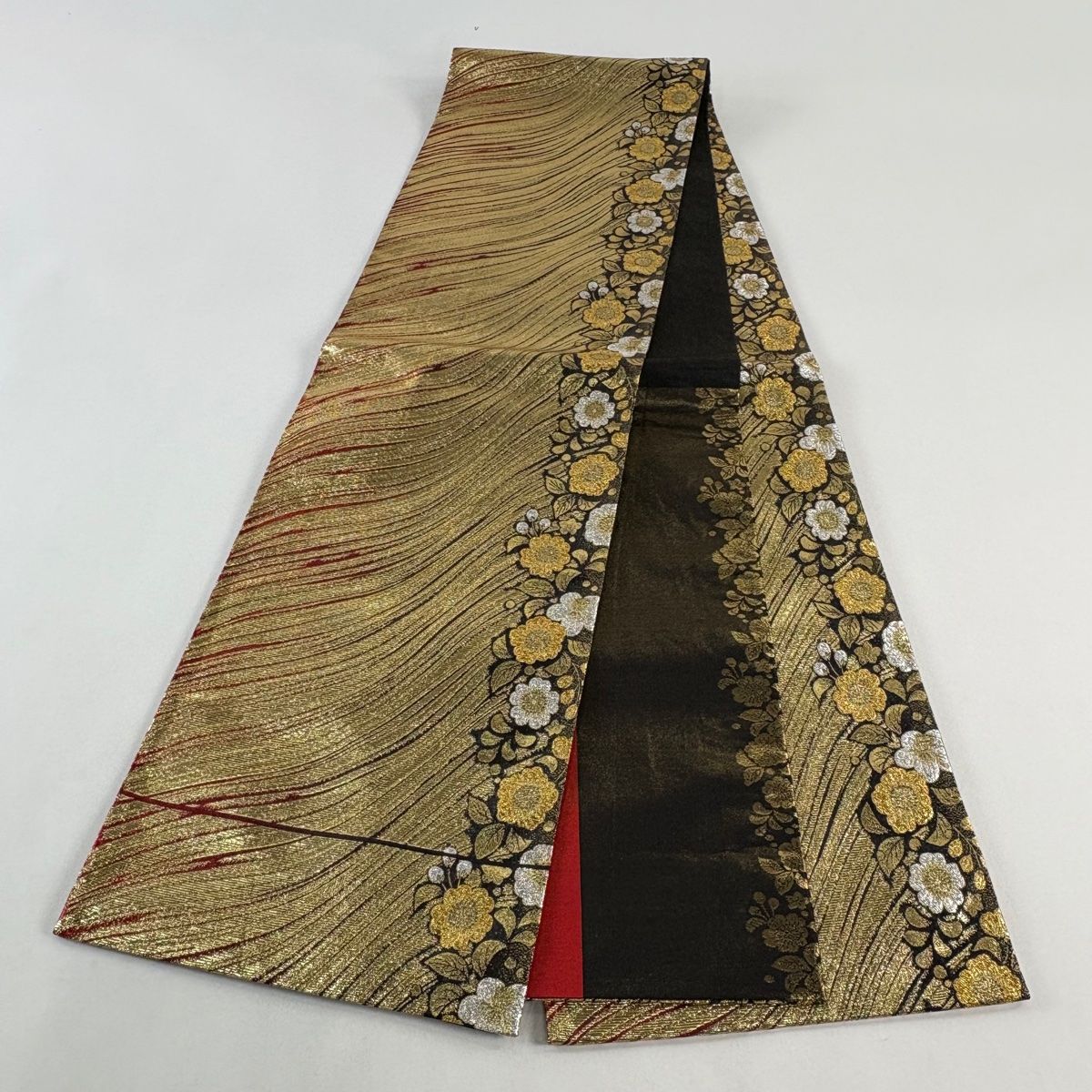 袋帯 秀品 振袖向き 辻が花柄 流水 金糸 箔 金色 全通 正絹 【中古