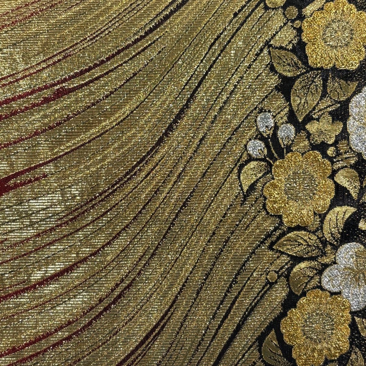 袋帯 秀品 振袖向き 辻が花柄 流水 金糸 箔 金色 全通 正絹 【中古