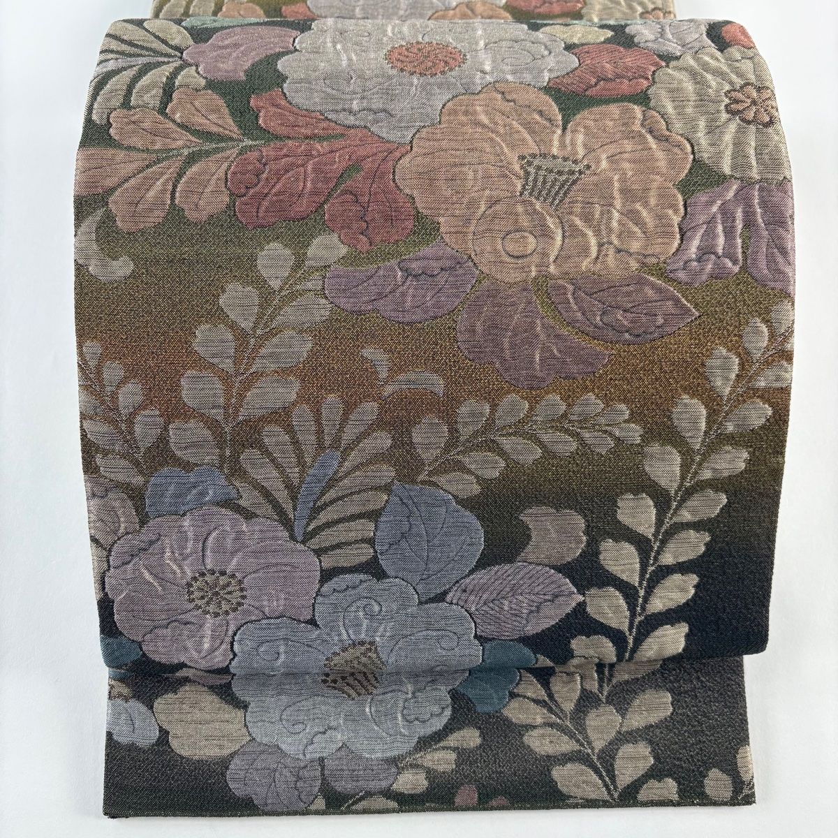 美品 袋帯 秀品 関西仕立て 草花 箔 金糸 紫 六通 正絹 中古