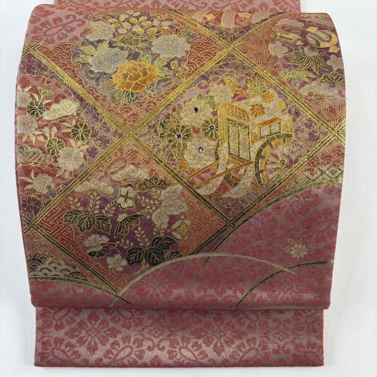 袋帯 秀品 御所車 花丸文 金銀彩 銀糸 ピンク お太鼓柄 正絹 【中古