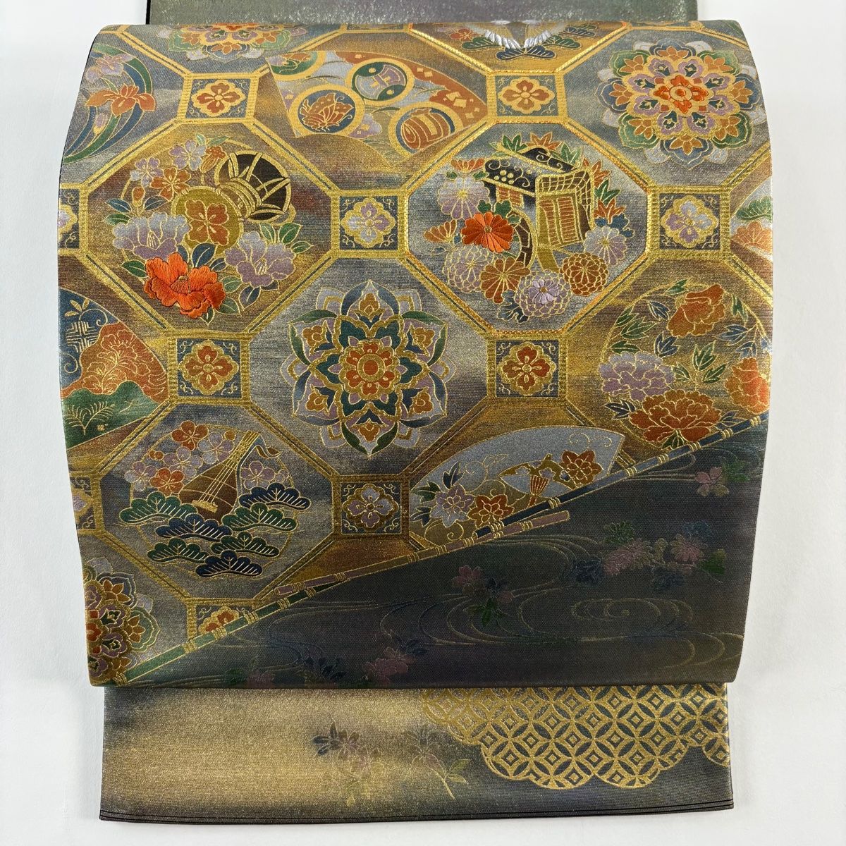 袋帯 秀品 関西仕立て 蜀江紋 華文 刺繍 金銀彩 青灰色 お太鼓柄 正絹