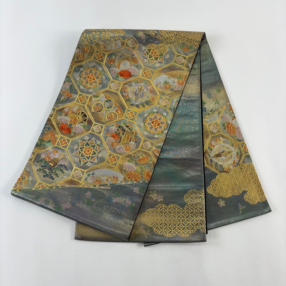 袋帯 秀品 関西仕立て 蜀江紋 華文 刺繍 金銀彩 青灰色 お太鼓柄 正絹